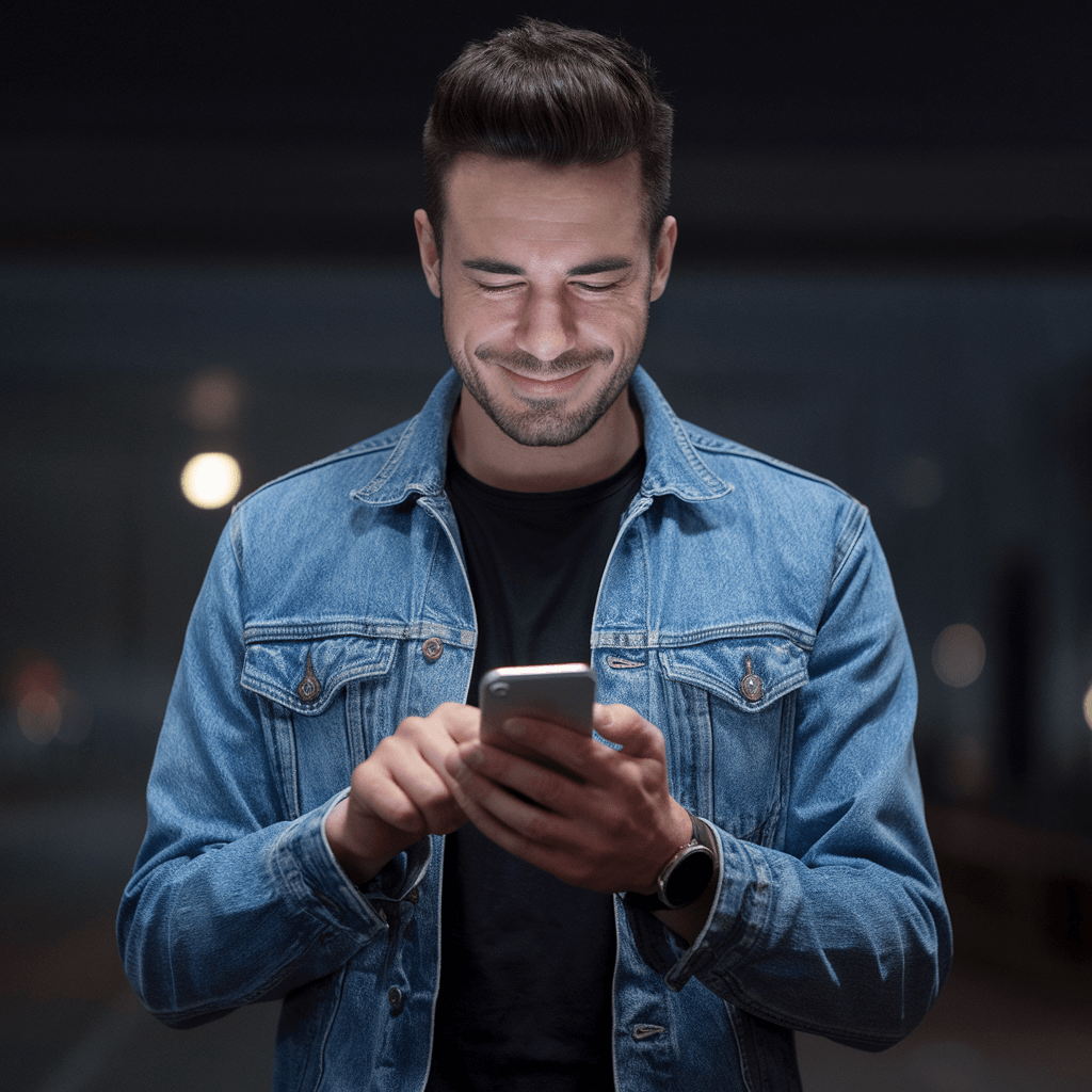 IMG_4547 un chico vestido con una chaqueta vaquera mirando el teléfono móvil con cara de satisfacción